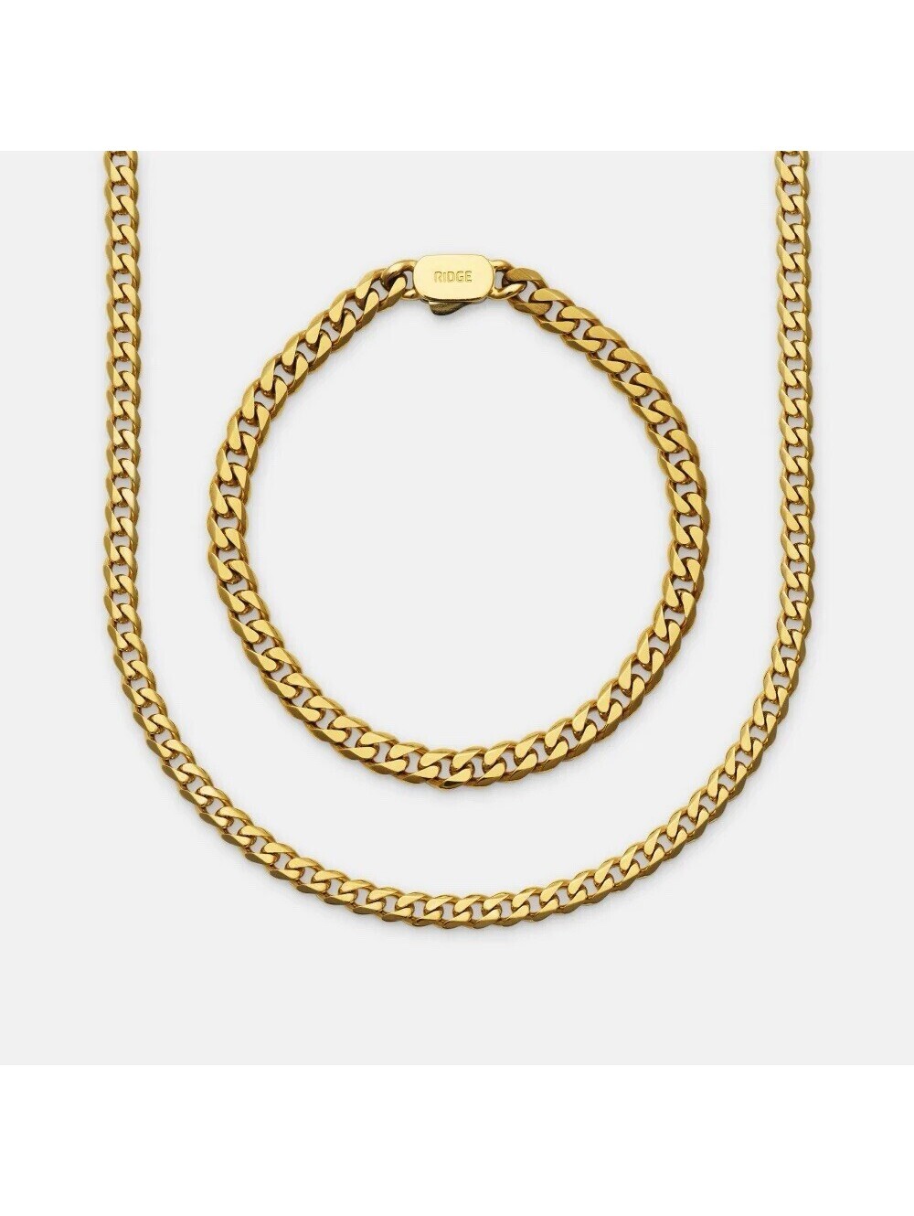 Ridge Curb Chain 18K Gold Over Stainless Steel 22” Necklace 8.5” Bracelet set
